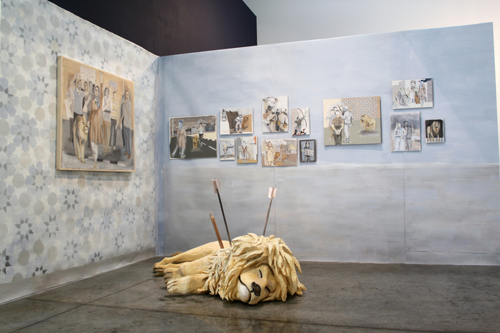 Proportional_710_mona_hakimi__heroic_deeds__installation__sponge_latex_sculpture_13_mixed-media_works_on_board__variable_sizes_and_wall_paper__overall_dimension_320__x380cm_2010___show_view